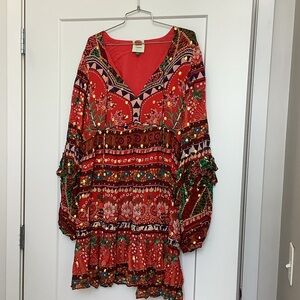 FARM Rio Red Floral Printed Long-Sleeve Boho Dress